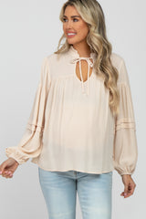 Cream Ruffle Neck Pintuck Balloon Sleeve Maternity Top