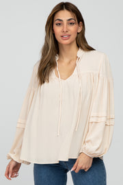 Cream Ruffle Neck Pintuck Balloon Sleeve Top