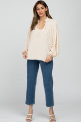 Cream Ruffle Neck Pintuck Balloon Sleeve Top