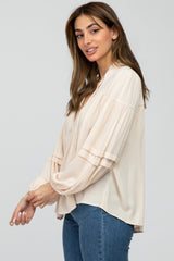 Cream Ruffle Neck Pintuck Balloon Sleeve Top