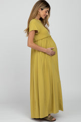 Light Olive Short Sleeve Babydoll Maternity Maxi Dress