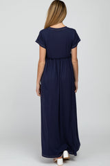 Navy Blue Short Sleeve Babydoll Maternity Maxi Dress