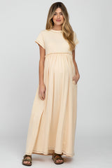 Beige Short Sleeve Babydoll Maternity Maxi Dress