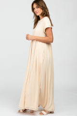 Beige Short Sleeve Babydoll Maxi Dress