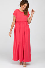 Fuchsia Short Sleeve Babydoll Maternity Maxi Dress