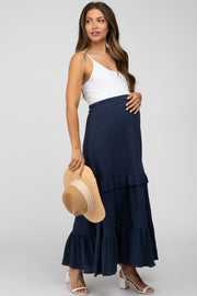 Navy Blue Cotton Gauze Ruffle Tiered Maternity Maxi Skirt