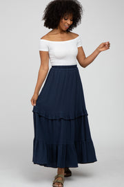 Navy Blue Cotton Gauze Ruffle Tiered Maxi Skirt