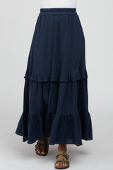 Navy Blue Cotton Gauze Ruffle Tiered Maxi Skirt