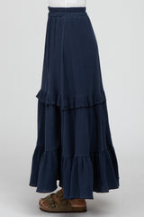 Navy Blue Cotton Gauze Ruffle Tiered Maxi Skirt