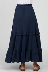 Navy Blue Cotton Gauze Ruffle Tiered Maxi Skirt