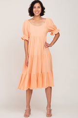 Peach Puff Sleeve Tiered Maternity Midi Dress