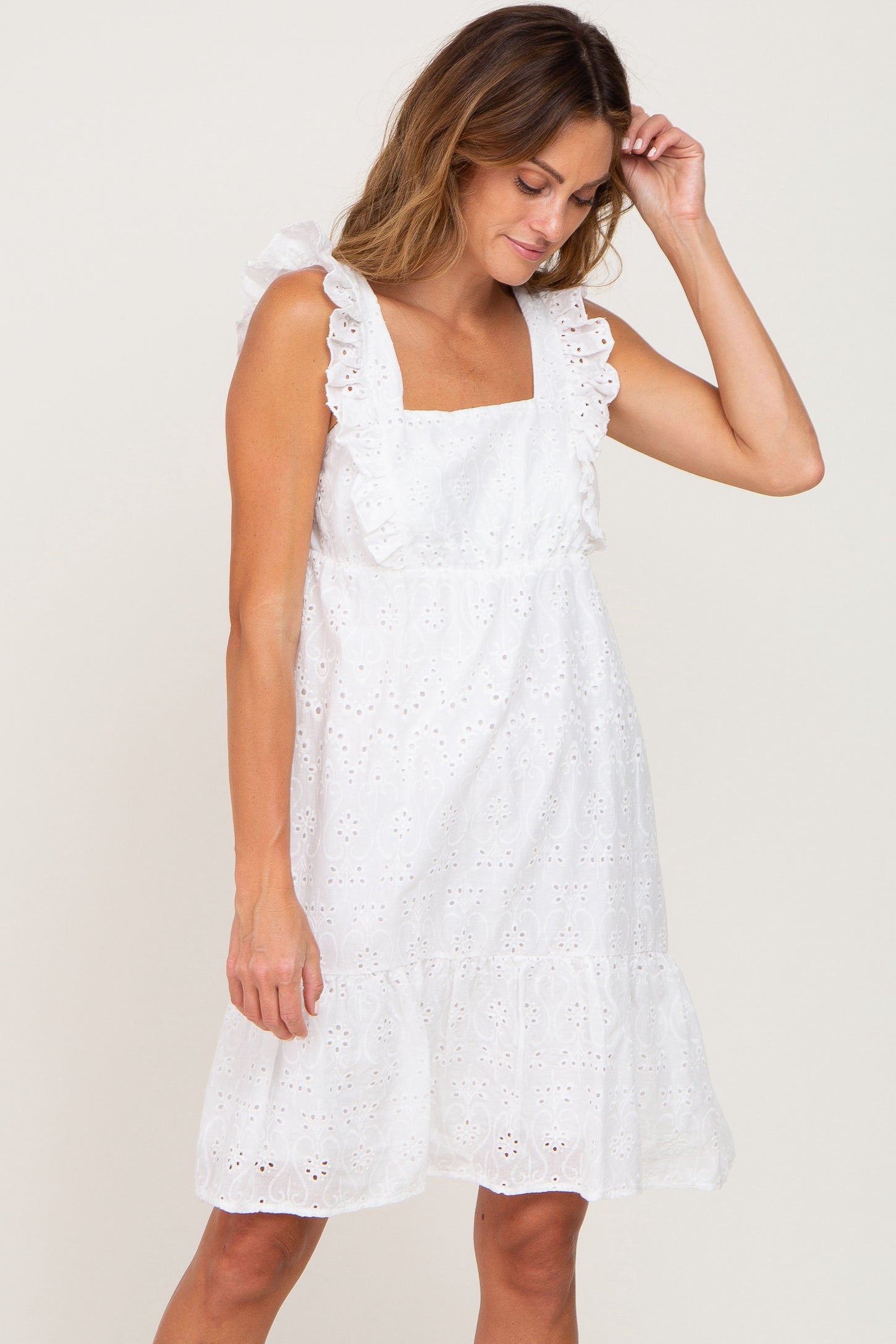 White Ruffle Strap Embroidered Eyelet Dress– PinkBlush