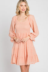 Peach Smocked Tiered 3/4 Ruffle Sleeve Dress