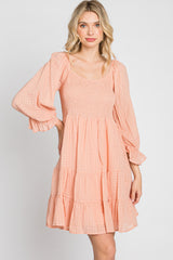 Peach Smocked Tiered 3/4 Ruffle Sleeve Dress