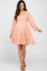 Peach Smocked Tiered 3/4 Ruffle Sleeve Maternity Dress