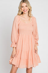 Peach Smocked Tiered 3/4 Ruffle Sleeve Maternity Dress