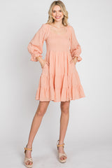 Peach Smocked Tiered 3/4 Ruffle Sleeve Dress