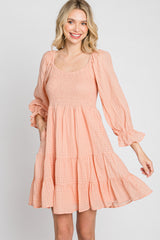 Peach Smocked Tiered 3/4 Ruffle Sleeve Dress