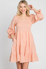 Peach Smocked Tiered 3/4 Ruffle Sleeve Dress