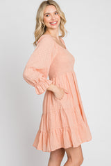 Peach Smocked Tiered 3/4 Ruffle Sleeve Dress