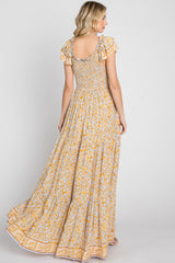 Yellow Floral Smocked Flounce Sleeve Maxi Dress