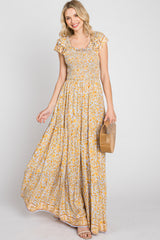 Yellow Floral Smocked Flounce Sleeve Maxi Dress