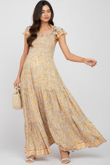 Yellow Floral Smocked Flounce Sleeve Maternity Maxi Dress