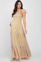 Yellow Floral Smocked Flounce Sleeve Maternity Maxi Dress