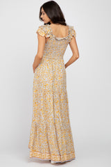 Yellow Floral Smocked Flounce Sleeve Maternity Maxi Dress