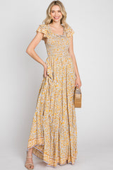 Yellow Floral Smocked Flounce Sleeve Maxi Dress