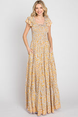 Yellow Floral Smocked Flounce Sleeve Maxi Dress