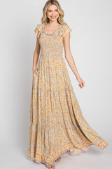 Yellow Floral Smocked Flounce Sleeve Maxi Dress