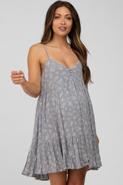 Blue Floral Button Front Ruffle Hem Maternity Dress