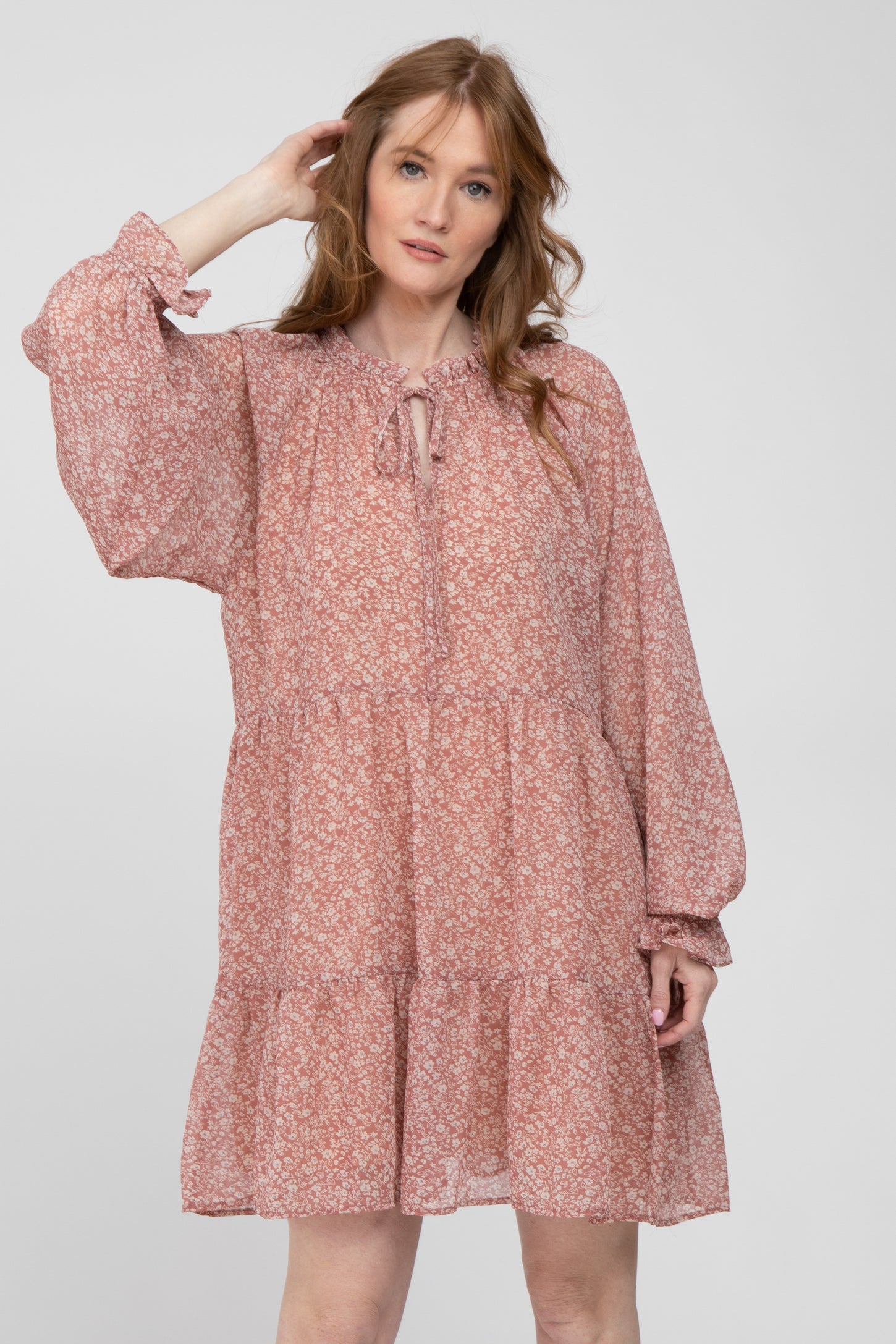 Mauve Floral Print Chiffon Tiered Mini Dress– PinkBlush