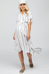 Ivory Striped Button Down Maternity Midi Dress