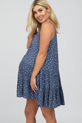 Blue Floral Print Tiered Maternity Mini Dress