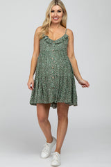 Olive Floral Ruffle Top Button-Down Tiered Maternity Dress