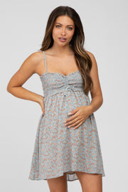 Light Blue Floral Sweetheart Neck Smocked Front Tie Maternity Dress