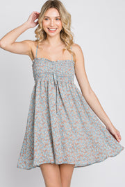 Light Blue Floral Sweetheart Neck Smocked Front Tie Dress