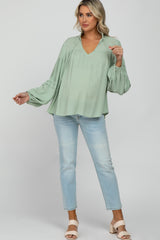 Mint Green Ruffle Neck Pintuck Balloon Sleeve Maternity Top