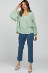 Mint Green Ruffle Neck Pintuck Balloon Sleeve Top