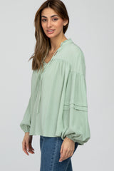 Mint Green Ruffle Neck Pintuck Balloon Sleeve Top