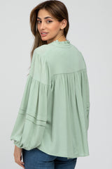 Mint Green Ruffle Neck Pintuck Balloon Sleeve Top