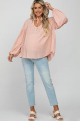 Pink Ruffle Neck Pintuck Balloon Sleeve Maternity Top