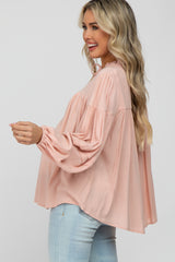 Pink Ruffle Neck Pintuck Balloon Sleeve Maternity Top