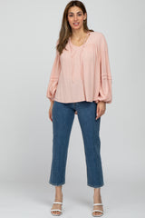 Pink Ruffle Neck Pintuck Balloon Sleeve Top