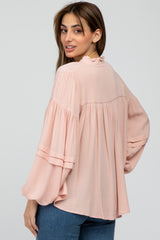 Pink Ruffle Neck Pintuck Balloon Sleeve Top