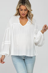 White Ruffle Neck Pintuck Balloon Sleeve Maternity Top