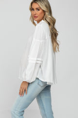 White Ruffle Neck Pintuck Balloon Sleeve Maternity Top