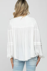 White Ruffle Neck Pintuck Balloon Sleeve Maternity Top